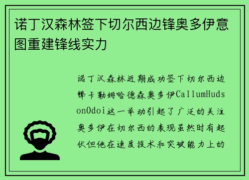 诺丁汉森林签下切尔西边锋奥多伊意图重建锋线实力 诺丁汉森林签下切尔西边锋奥多伊意图重建锋线实力